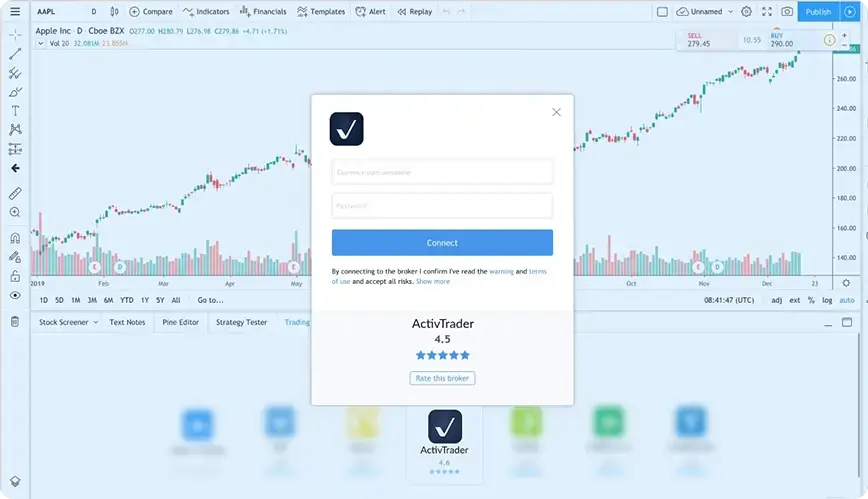 Connect your accounts. If you’re logged into your ActivTrades account you will be prompted to authorise the connection. You have now connected ActivTrades with TradingView!